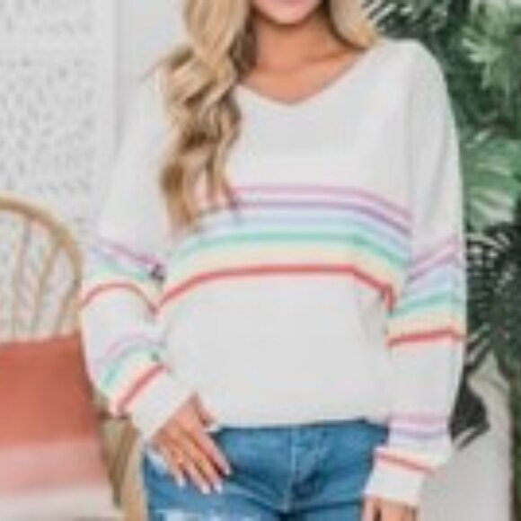 Pink Lily White Sweater w Pastel Rainbow Stripes Size M/L - Picture 1 of 9